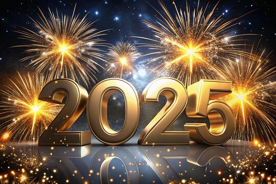 Design Gold 2025 Text Holiday Graphic with Gold Fireworks Background