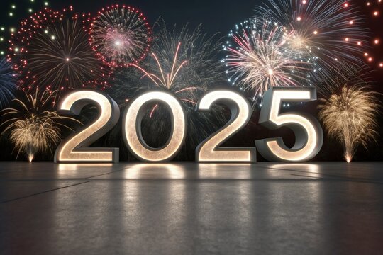 2025 Text Holiday Graphic with Gold Fireworks Background
