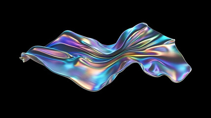 Wall Mural - Abstract Iridescent Cloth Wave, 3D Render, Flowing Metallic Texture, Vibrant Gradient Colors, Dynamic Motion, Isolated on Black Background, Futuristic and Elegant Design Concept