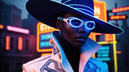 Wall Mural - A model stands confidently in a striking outfit enhanced by luminous glasses and a wide-brimmed hat. The vibrant neon lights of the city backdrop add a dynamic atmosphere to the moment