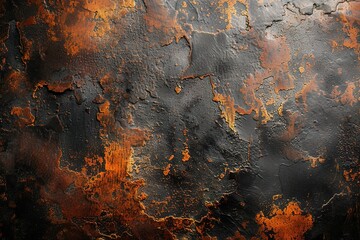 Modern old grunge metal background with corroded metal structure with scratches in black, brown and orange colors, industrial and vintage style