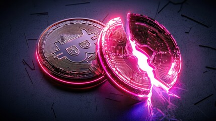 Poster - Bitcoin breakdown cryptocurrency crash digital market graphic design futuristic environment close-up financial concept