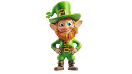 A green leprechaun with a green hat and beard stands on a white background