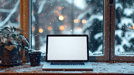 laptop with a white screen on a table in front of a snowy window. mockup style, winter theme, blurre