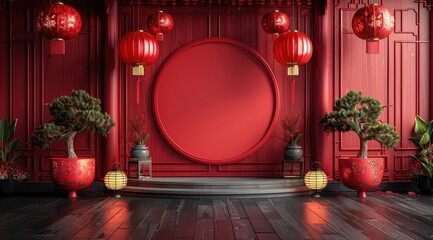Wall Mural - a red chinese-style background wall, featuring a round display board, lanterns, and plants on the gr