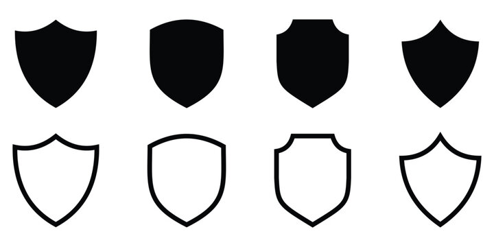 Shield icon. Filled and outline shield set. Black knight award contours and linear signs. Protect shapes silhouette. Security sign Vector illustration.
