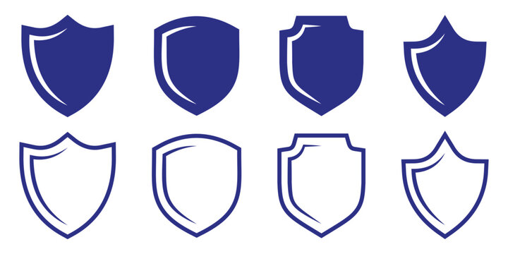 Blue shield icon set. Security shield protection icon set on white background.