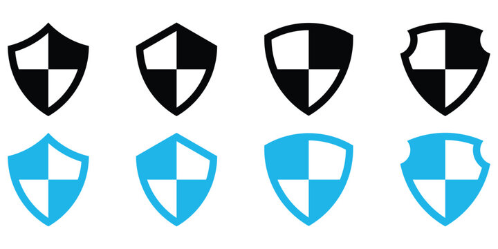 Modern Shield Icon. Shield Icon with Security and Protection Signs. Simple Shield Icon in Black and White. Security Shield Protection Icon Set.
