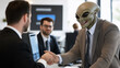 © Demencial Studies - alien shaking hands with businessman in his office
