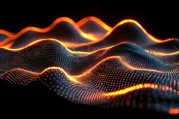 Poster - Abstract glowing particle wave dynamic energy flow vibrant orange and dark blue hues mesmerizing digital landscape
