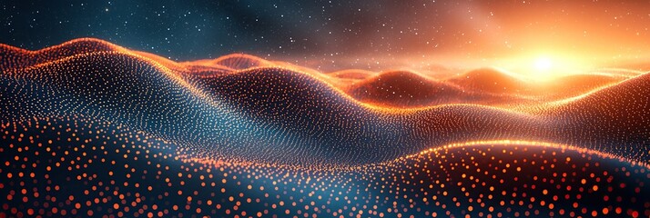 Aufkleber - Glowing particle landscape at sunrise digital art piece depicting serene undulating terrain with warm radiant light
