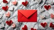 © Shelley - High-resolution, detailed illustration of a red envelope and paper hearts on a marble background. Perfect for Valentine's Day. Love letter concept in flat lay style. Ideal for romantic designs.