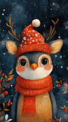 Sticker - cute design featuring animals like reindeer, penguins, and owls wearing Christmas hats, great for a fun smartphone wallpaper