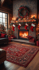 Sticker - cozy indoor scene with a crackling fireplace, stockings hung with care, and softly glowing candles, evoking warmth and holiday spirit