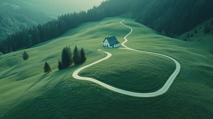 Poster - serene house on winding road in lush green hills