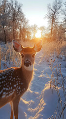 Wall Mural - peaceful winter scene featuring a snow-covered forest with deer peeking through the trees, embodying the serenity of the season