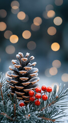 Canvas Print - frosty pinecones and red berries dusted with snow, with soft bokeh lights in the background, ideal for adding a touch of nature to a smartphone screen