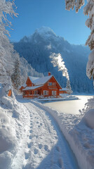 Wall Mural - peaceful winter landscape featuring a frozen lake surrounded by snow-draped fir trees and a distant cabin with smoke coming from the chimney, perfect for a serene smartphone wallpaper