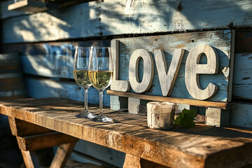 Poster - Love Text Made Of Wood For Valentine's Day With Two Glasses Of Wine