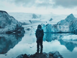 Wall Mural - Person stands on a rock overlooking a body of water. The water is frozen, and the sky is cloudy. The person is wearing a backpack and he is taking in the scenery