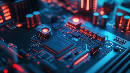 Poster - Vibrant close-up of a computer circuit board. The colorful lights shine over intricate details. Technology meets art in this modern electronic scene. A must-see image.