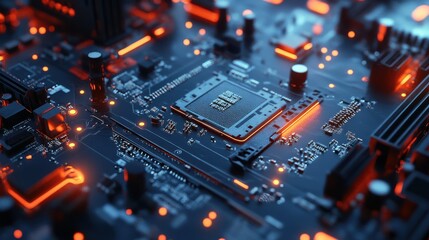Poster - Explore the Intricate Design of a Circuit Board with Glowing Lights and a Central Processor. Technology Comes to Life in Stunning Detail.