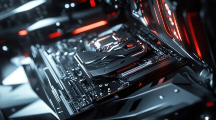 Poster - A close-up view of a high-tech computer motherboard showcasing sleek design and vibrant lighting. The intricate details shine brightly, illustrating cutting-edge technology in action.
