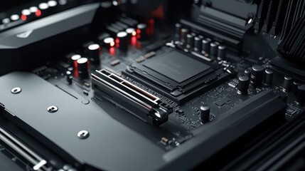 Poster - Close-up view of a modern motherboard with intricate details, showcasing circuit pathways and glowing lights for tech enthusiasts and digital creators.