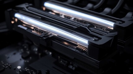 Poster - Close-up of modern computer memory RAM modules glowing with LED lights. The sleek design highlights technology in a dark setting, perfect for tech enthusiasts and gamers.