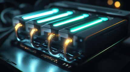 Poster - Futuristic data storage device with glowing elements. This AI-generated image shows a high-tech gadget for modern computing. It has sleek, illuminated features.
