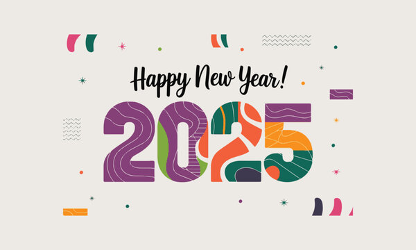 Modern vector-style design featuring 'Happy New Year 2025' in a playful theme, easily editable.