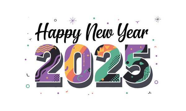 Modern vector-style design featuring 'Happy New Year 2025' in a playful theme, easily editable.