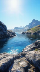 Wall Mural - Serene Lake View Surrounded by Majestic Mountains and Clear Blue Sky captures the beauty of nature in a calm and peaceful landscape.