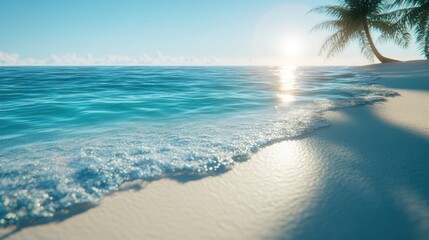Wall Mural - A serene beach scene with gentle ocean waves, sparkling blue water, and the sun rising above the horizon. Perfect for relaxation and nature lovers alike.