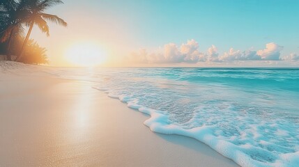 Wall Mural - A serene beach at sunrise with gentle waves lapping the shore. Palm trees frame the scene, creating a perfect tropical paradise for relaxation and escape.