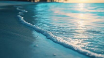Wall Mural - Gentle Waves Lapping on a Serene Beach at Sunset, Visual Serenity in Soft Lighting and Calm Waters, Perfect for Relaxation and Peaceful Moments by the Sea