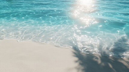 Wall Mural - Serene beach scene with sparkling turquoise water, soft sandy shore, and gentle wave patterns reflecting sunlight in a peaceful atmosphere.