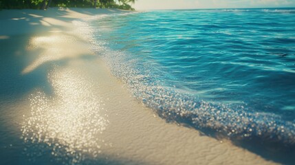 Wall Mural - A tranquil beach scene with gentle waves lapping on soft sand and sparkling water. Sunlight dances on the surface, creating a serene atmosphere for relaxation.