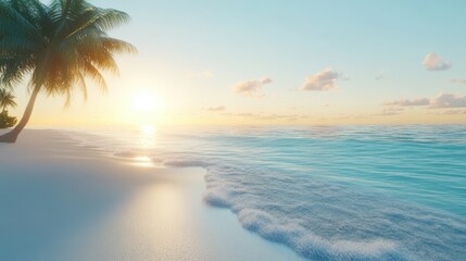 Wall Mural - Serene beach sunrise with gentle waves and palm trees, a perfect paradise for relaxation and peace near the ocean, beautiful nature landscape.