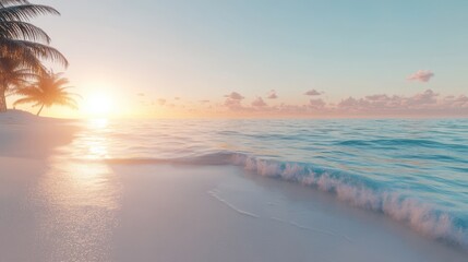 Wall Mural - A serene beach at sunrise with gentle waves lapping at the shore and palm trees swaying in the soft breeze. A peaceful getaway for relaxation and beauty.
