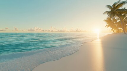 Wall Mural - A tranquil beach at sunrise with gentle waves and palm trees. The sun rises over the horizon, creating a peaceful and serene morning scene. Ideal for relaxation and nature lovers.