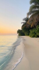 Wall Mural - A peaceful beach at sunset with gentle waves lapping the shore. Lush palm trees lean over the calm waters, creating a serene escape for nature lovers and travelers.