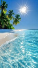Wall Mural - A stunning tropical beach with clear blue water and bright sun shining overhead. The scene features swaying palm trees and soft ocean waves on white sand.