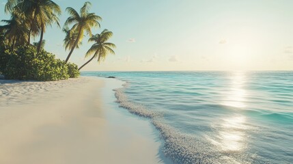 Wall Mural - Stunning tropical beach at sunrise with palm trees and calm waters. Feel the serene beauty of nature. A perfect escape to paradise awaits you on this tranquil shore.