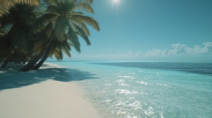 Wall Mural - Stunning tropical beach with clear water and palm trees swaying gently. Sunlight dances on the ocean, creating a serene and relaxing atmosphere for vacationers.