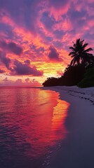 Wall Mural - Stunning sunset over tropical beach with pink and orange hues reflecting on calm water, palm trees gently swaying by the shore, creating a peaceful paradise.