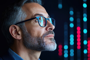 Poster - businessman with glasses gazes thoughtfully at digital data in advanced office, reflecting on future possibilities