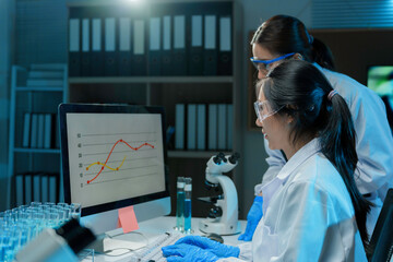 Wall Mural - two medical scientists wearing lab coats and safety glasses analyzing data on computer in laboratory