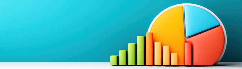 Poster - Colorful pie chart and bar graphs on blue background, representing data visualization
