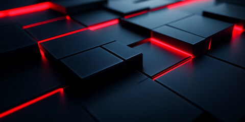 Poster - Abstract Black and Red 3D Geometric Background with Glowing Lines. Gamer background